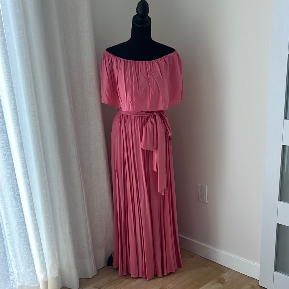 Meghan LA coral  Pleated Off-Shoulder Gown for Weddings